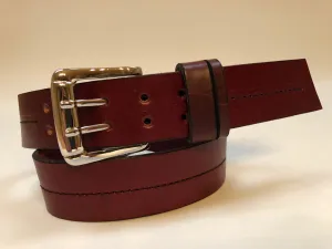 Men's Burgundy Leather Belt with 2 Prongs Silver Tone Buckle 30A1