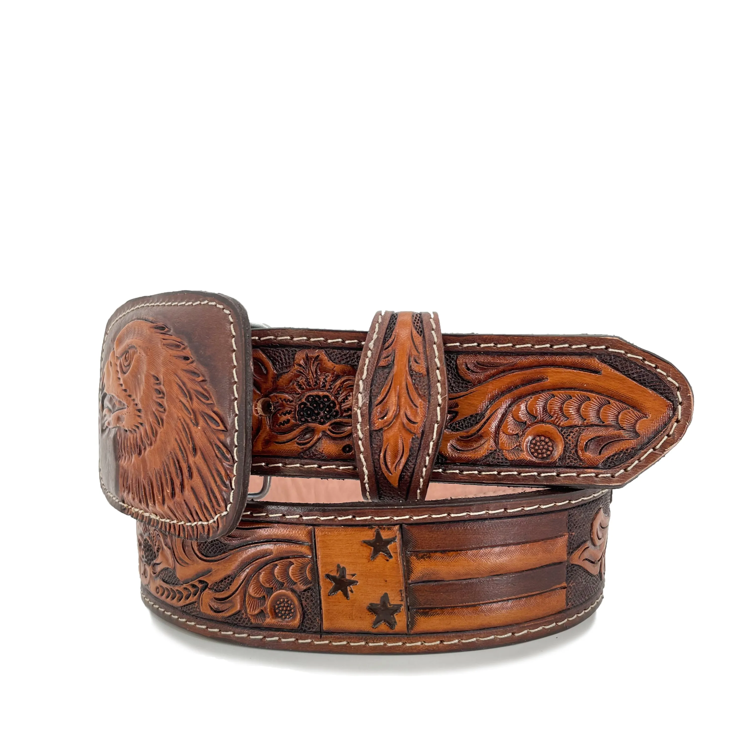 Men's Hand Tooled Belt - American Flag & Bald Eagle Bitone