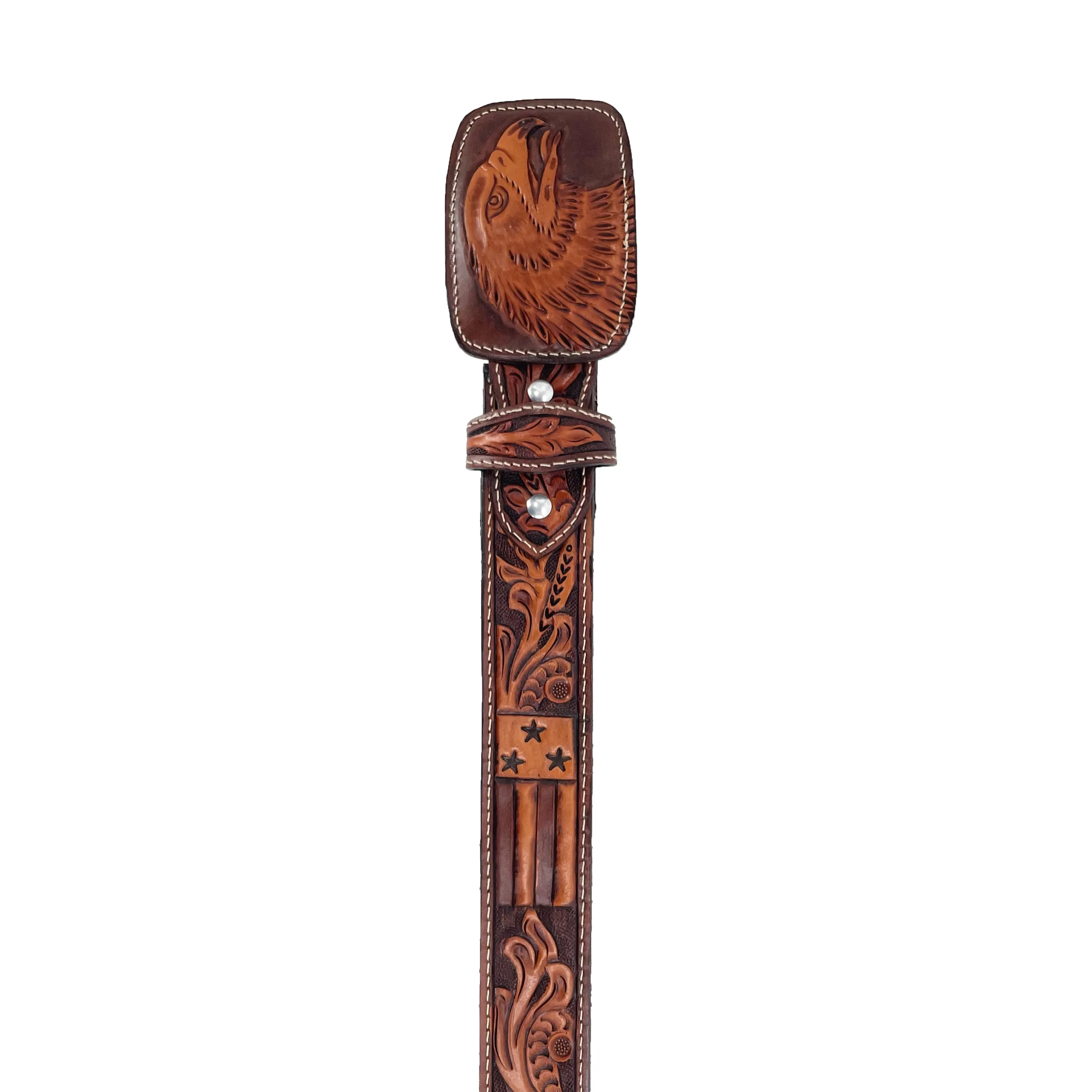 Men's Hand Tooled Belt - American Flag & Bald Eagle Bitone