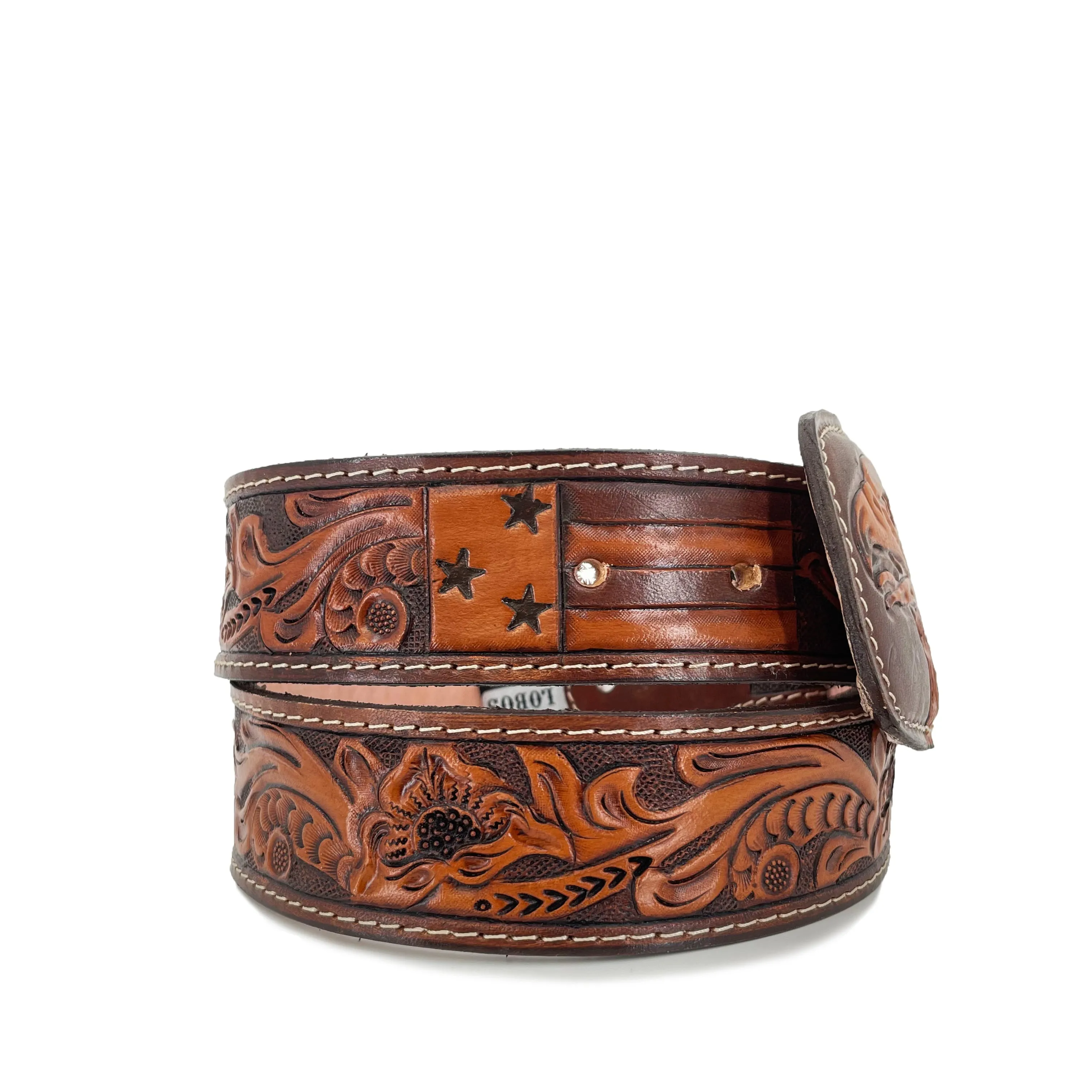 Men's Hand Tooled Belt - American Flag & Bald Eagle Bitone
