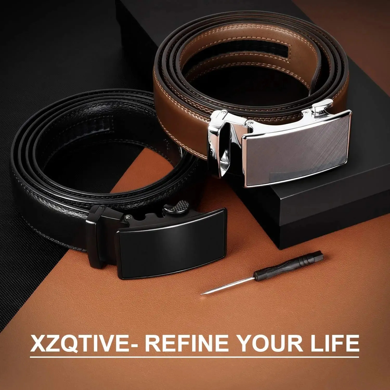 Men's Ratchet Belt for Dress 2Pack Slid Leather Belt with Automatic Click Buckle