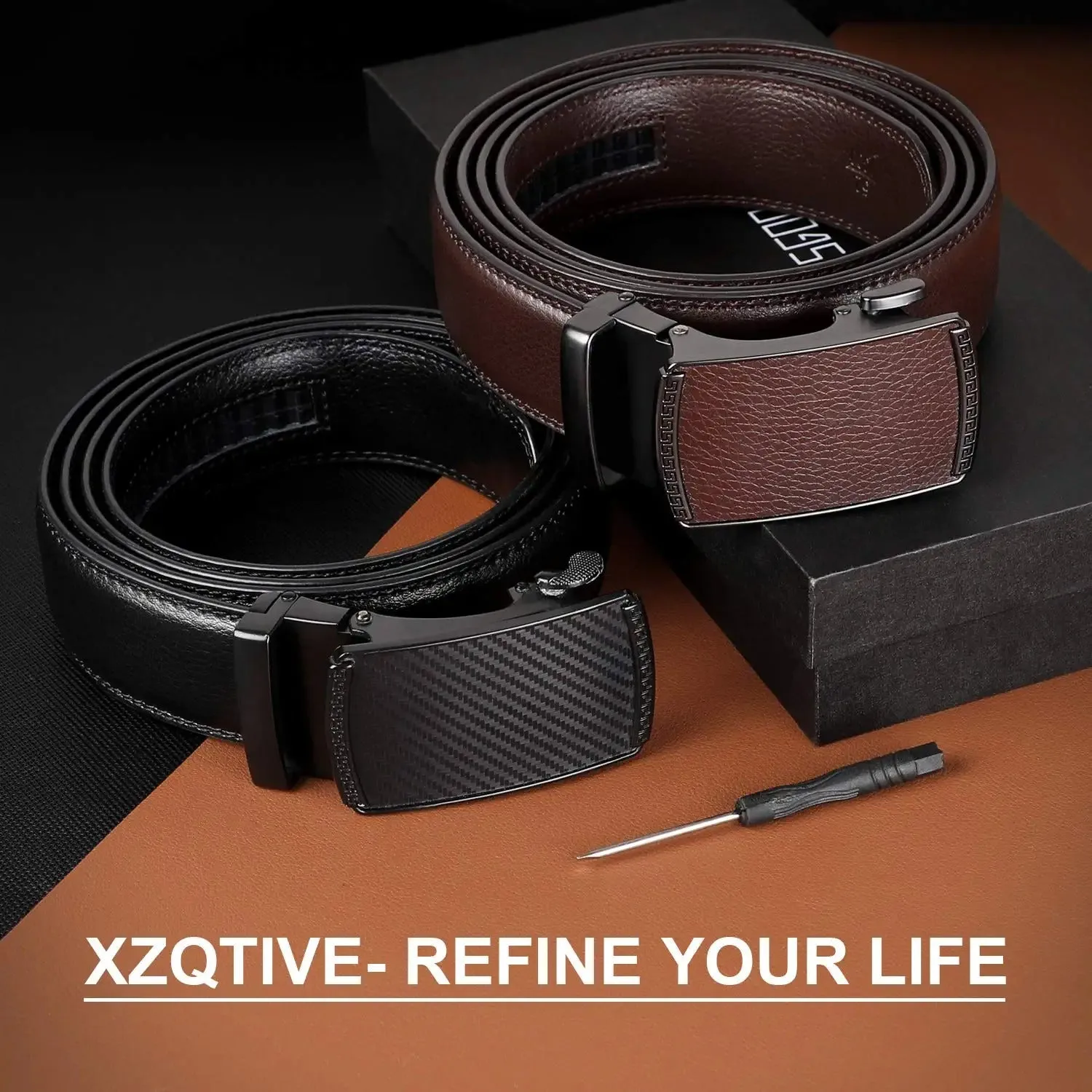 Men's Ratchet Belt for Dress 2Pack Slid Leather Belt with Automatic Click Buckle