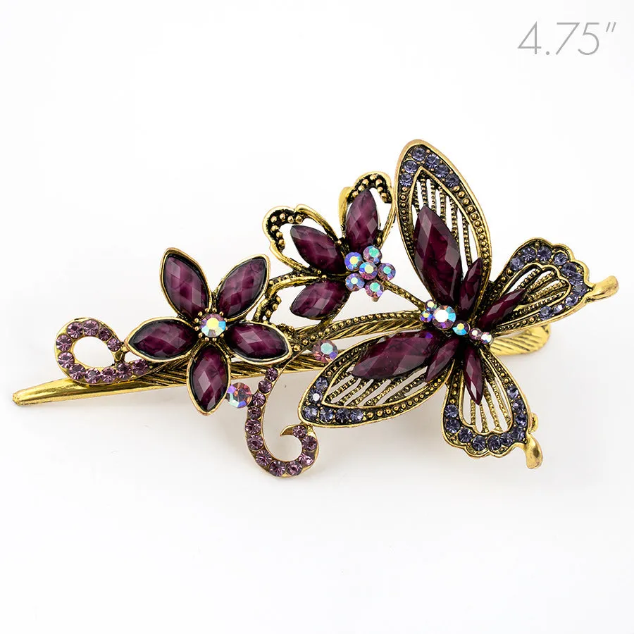 Metal Large Butterfly Style Beak Clip with Purple Crystals