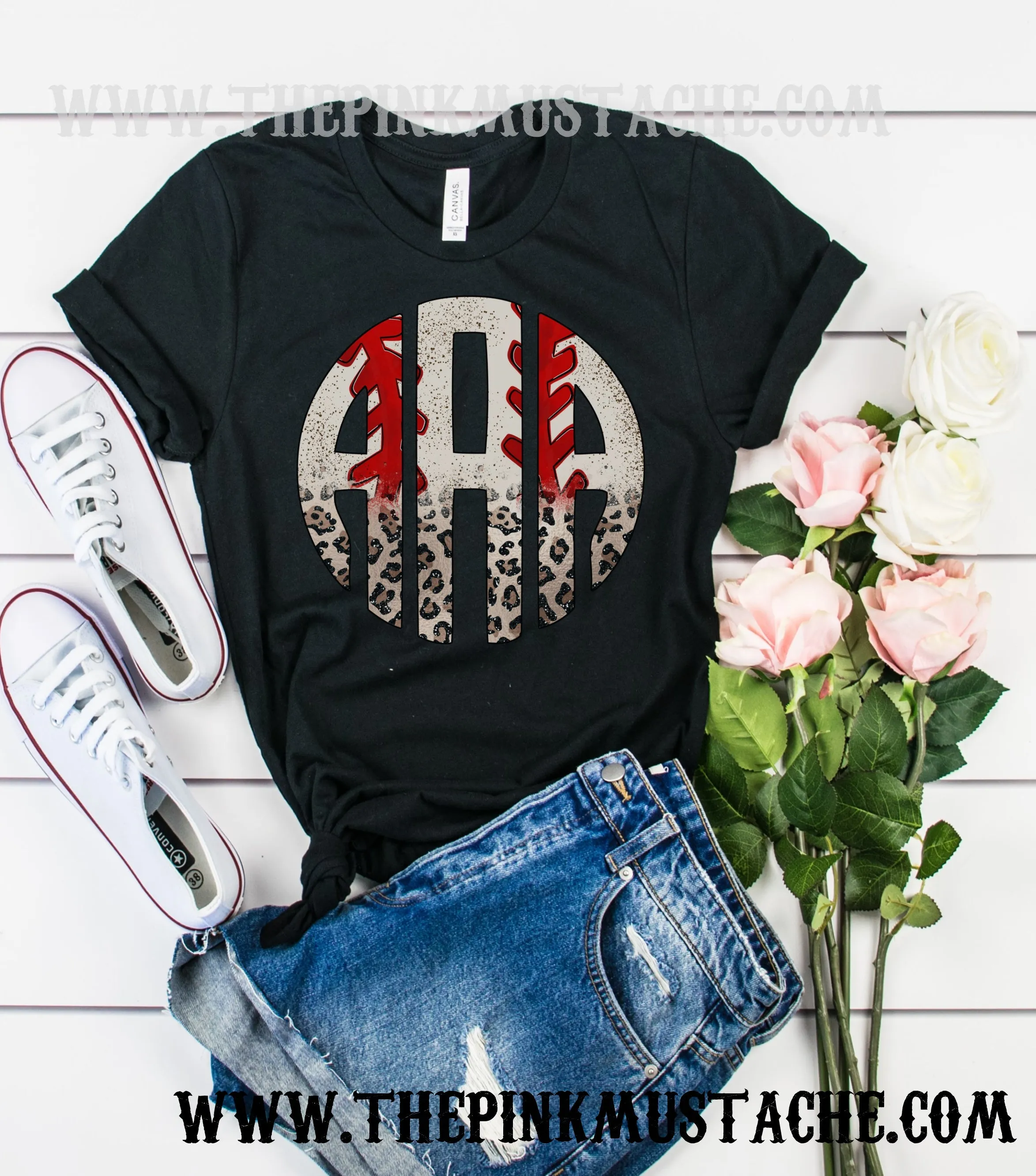 Monogram Leopard Baseball Tee/ Baseball Mom Shirt/ Bella Canvas Tee