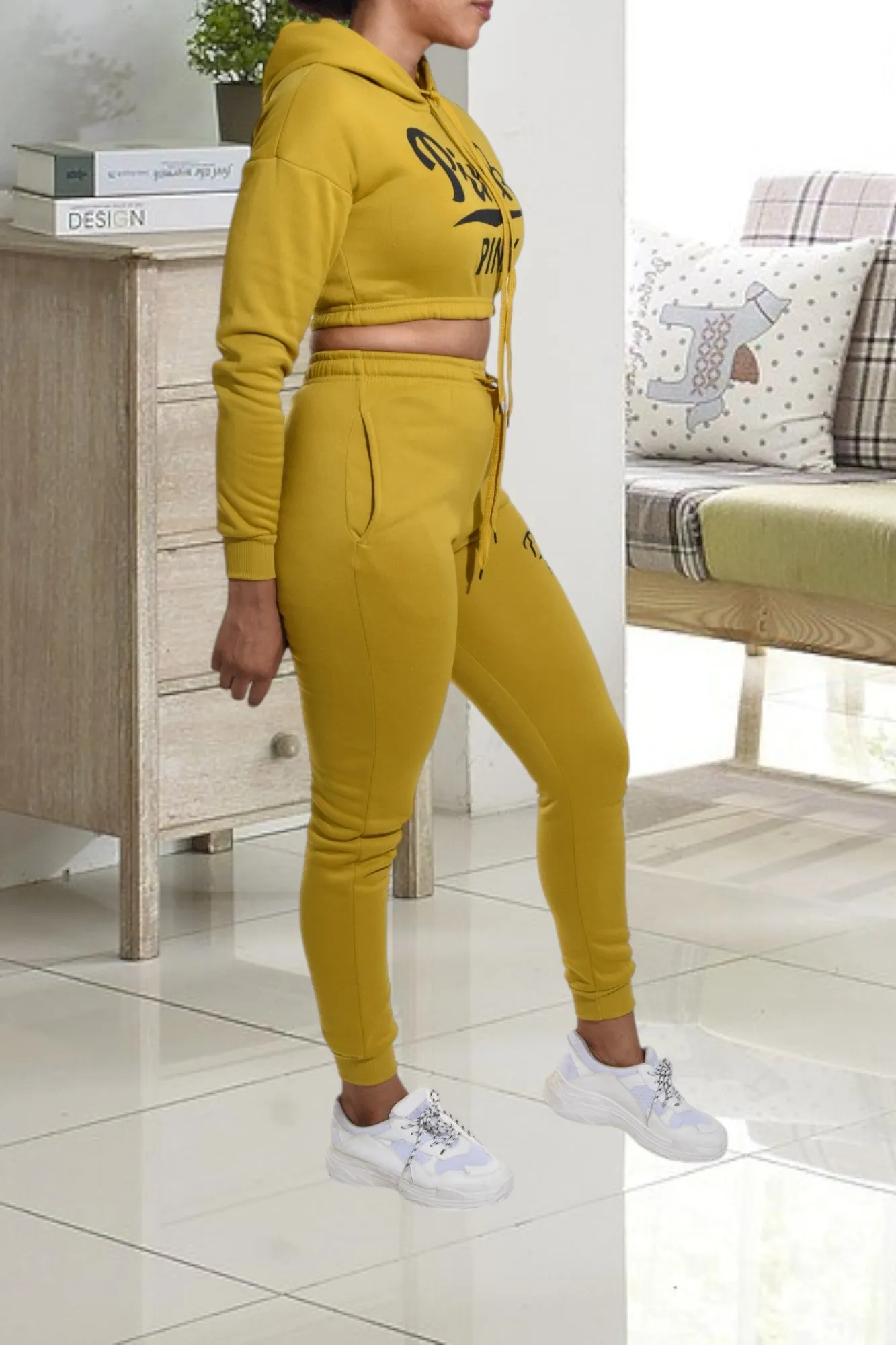 Mustard Printed Crop Fleece Tracksuit Set