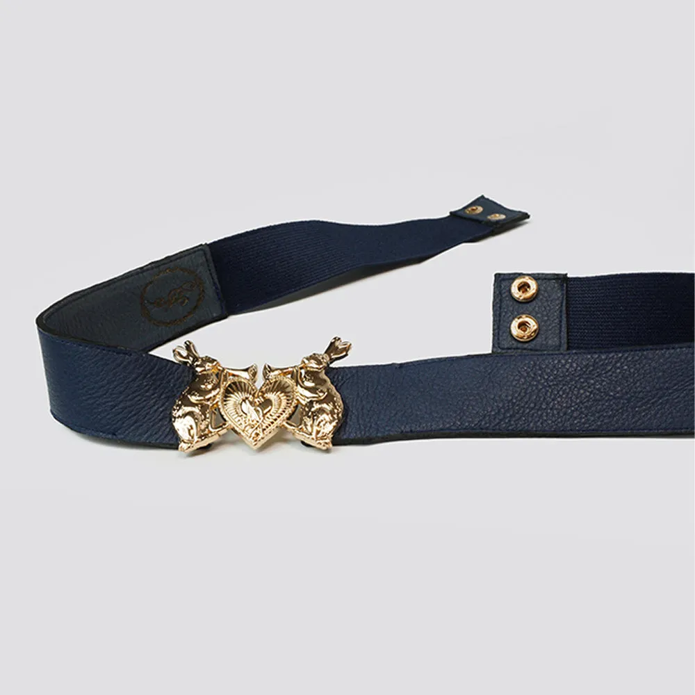 Mystic Rabbit Buckle Thin Leather Belt in Navy