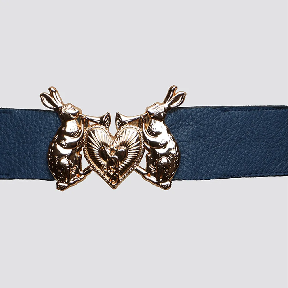 Mystic Rabbit Buckle Thin Leather Belt in Navy