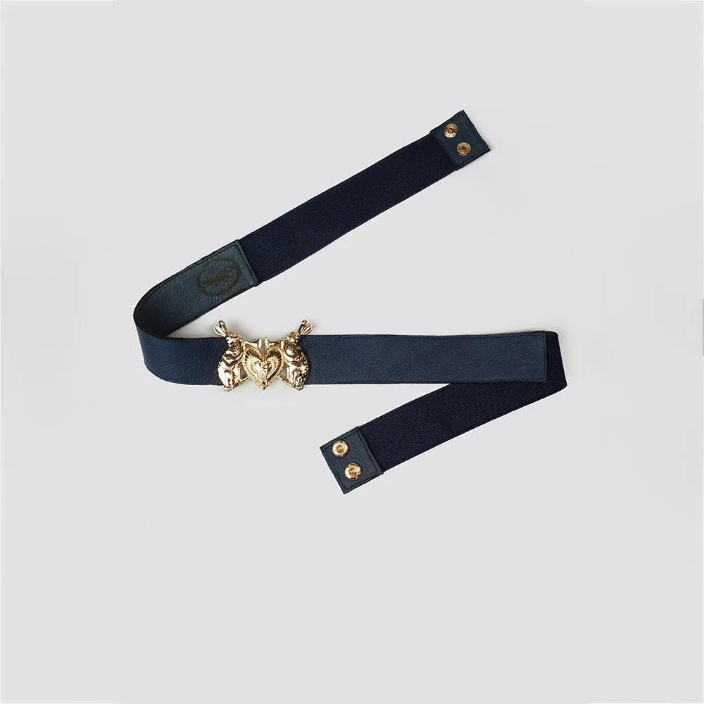 Mystic Rabbit Buckle Thin Leather Belt in Navy