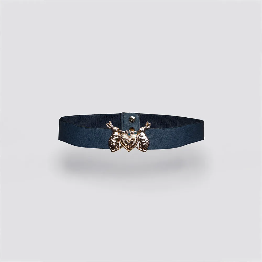 Mystic Rabbit Buckle Thin Leather Belt in Navy