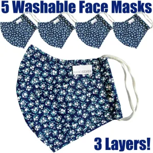 NanoSilver Face Masks - Washable Reusable 3-Ply Antibacterial Knitted Fabric - Rewashable up to 31X / Pack of 5 Masks - Floral Pattern