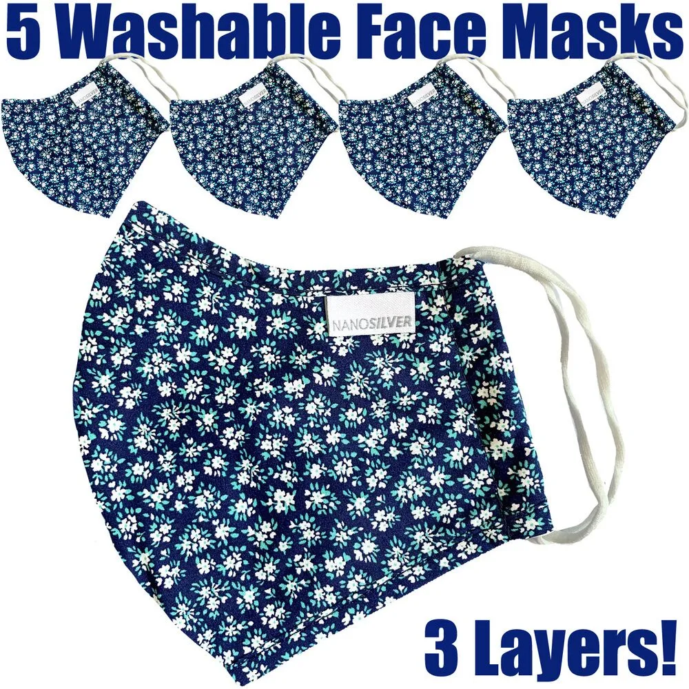 NanoSilver Face Masks - Washable Reusable 3-Ply Antibacterial Knitted Fabric - Rewashable up to 31X / Pack of 5 Masks - Floral Pattern