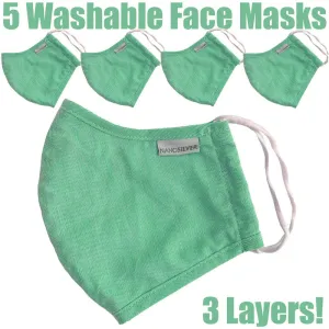 NanoSilver Face Masks - Washable Reusable 3-Ply Antibacterial Knitted Fabric - Rewashable up to 31X / Pack of 5 Masks - Mint Green