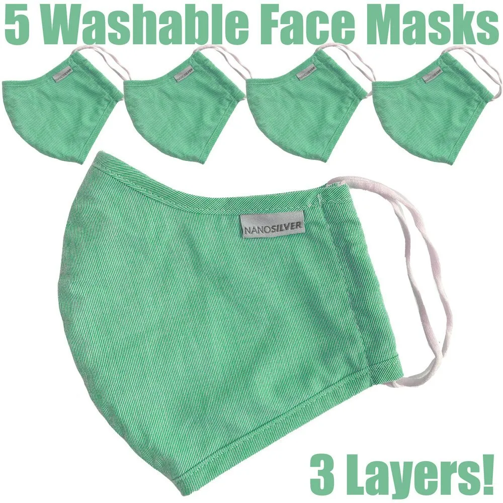 NanoSilver Face Masks - Washable Reusable 3-Ply Antibacterial Knitted Fabric - Rewashable up to 31X / Pack of 5 Masks - Mint Green