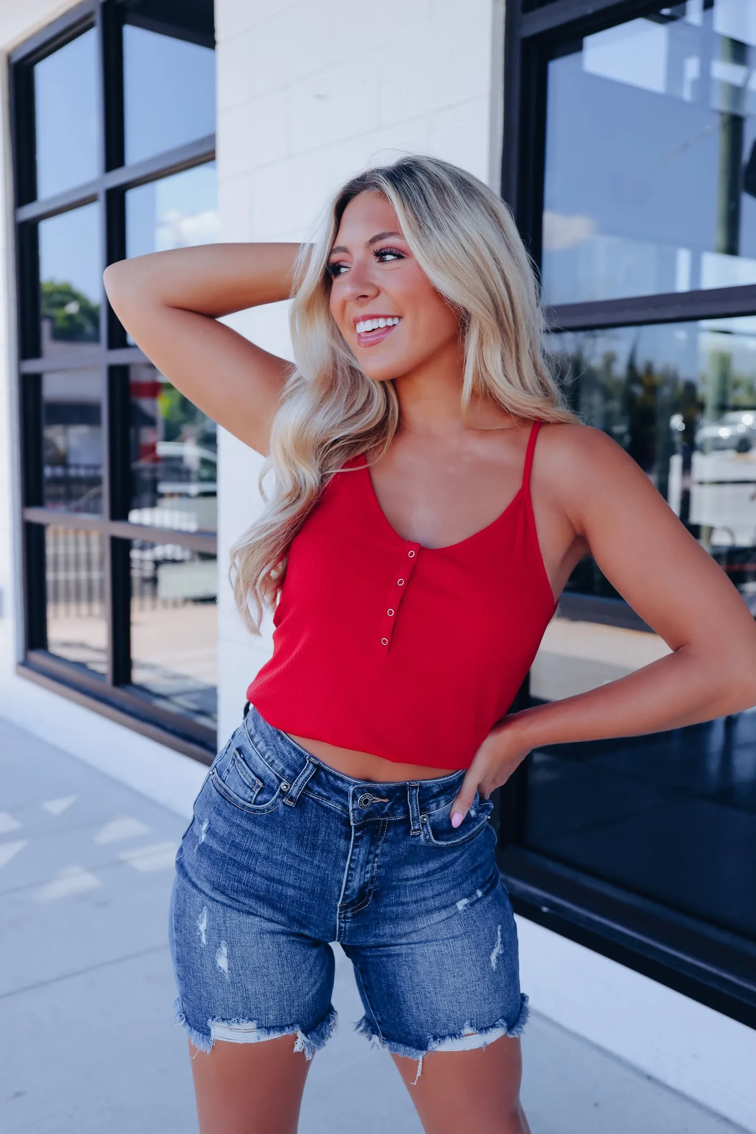 Never Basic Snap Front Ribbed Tank - Red
