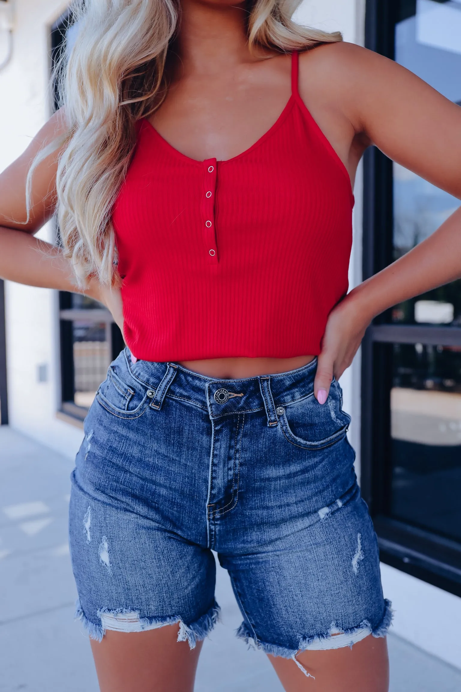 Never Basic Snap Front Ribbed Tank - Red