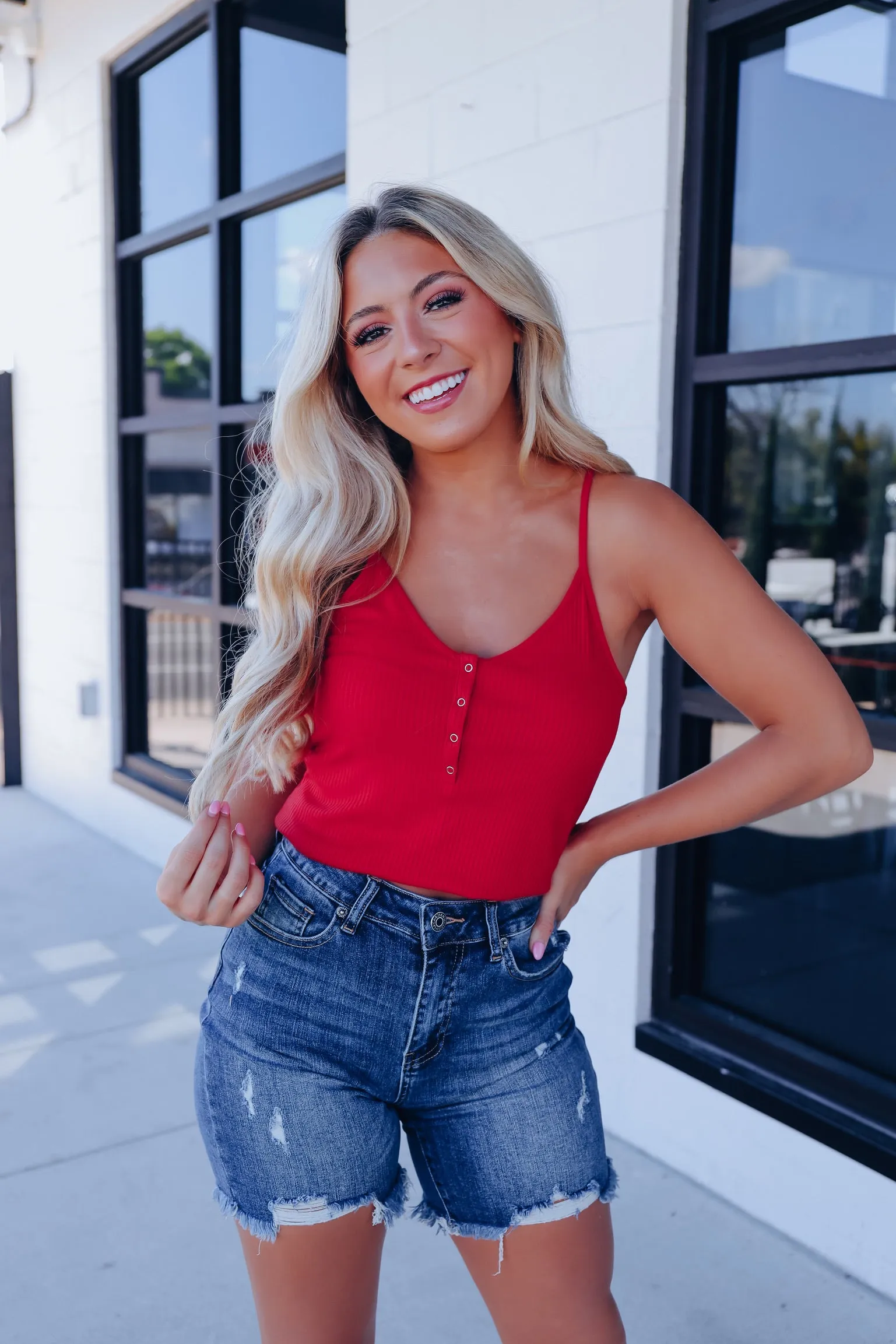 Never Basic Snap Front Ribbed Tank - Red