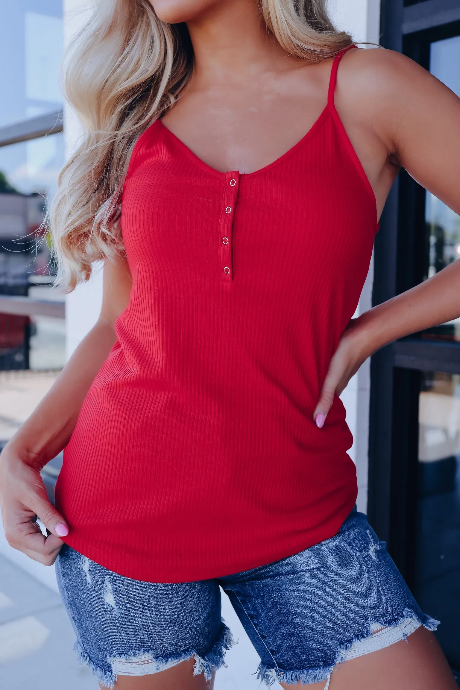 Never Basic Snap Front Ribbed Tank - Red