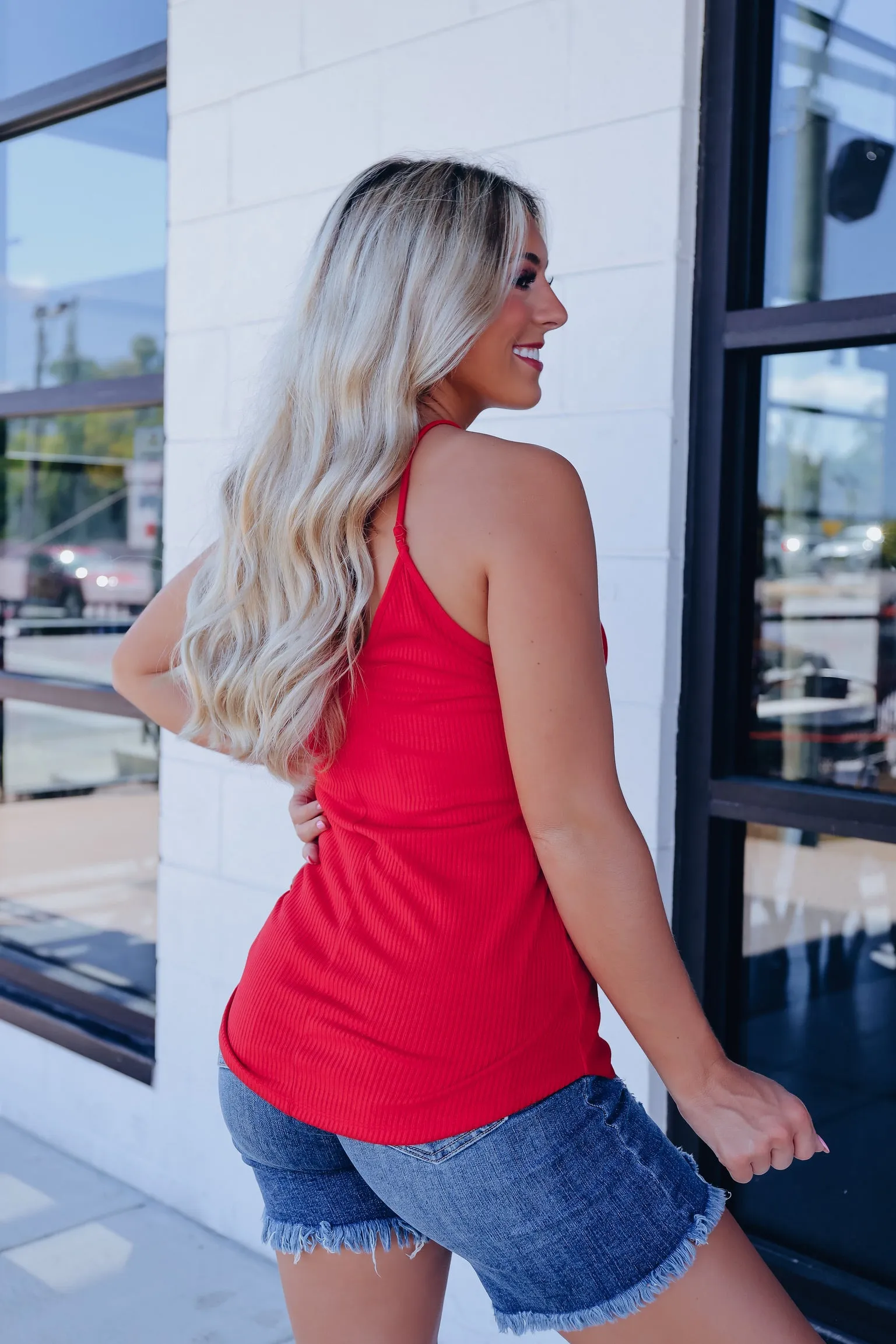 Never Basic Snap Front Ribbed Tank - Red