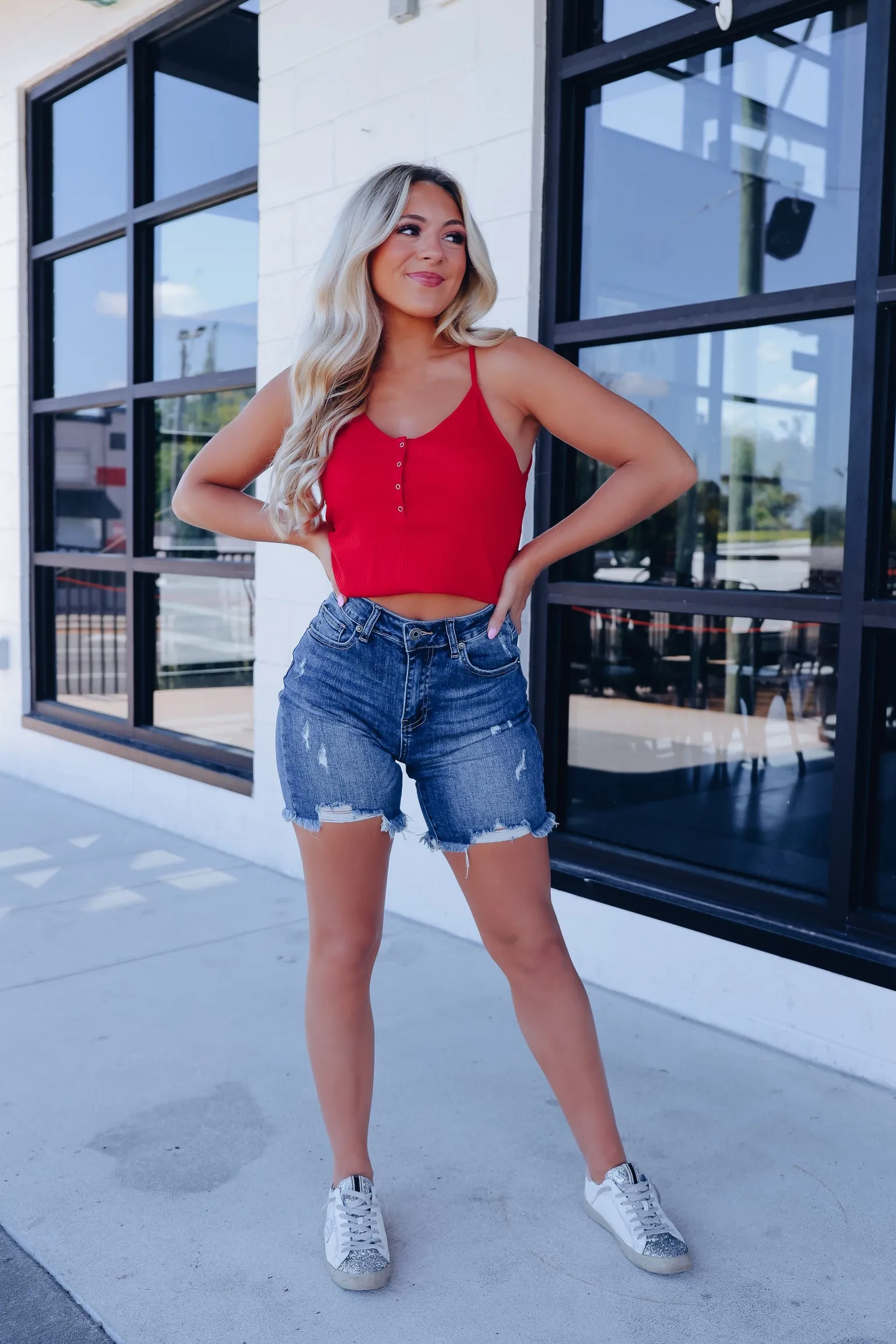 Never Basic Snap Front Ribbed Tank - Red