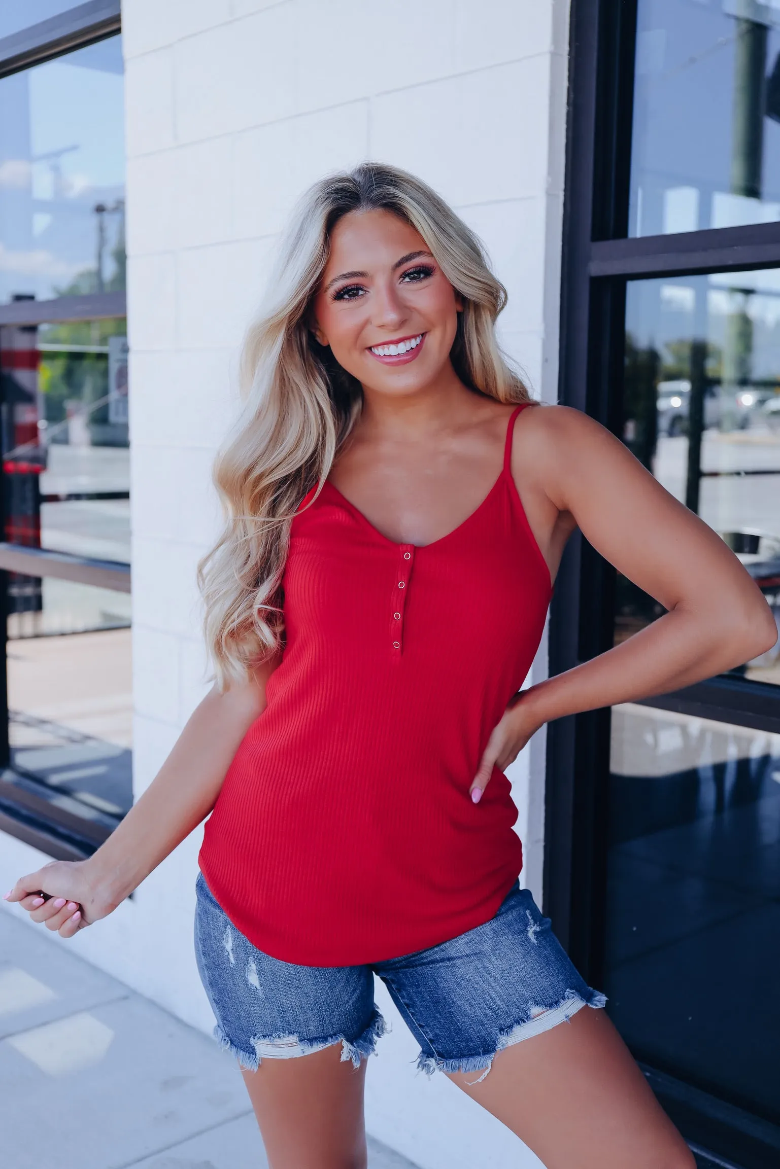 Never Basic Snap Front Ribbed Tank - Red
