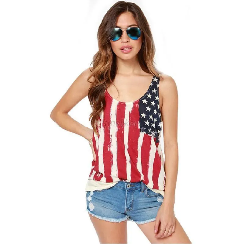 New American Flag Printed Chiffon Blouse Women Fashion Patchwork Back Chiffon Sleeveless Tank Tops Tshirt Plus Sizes NW