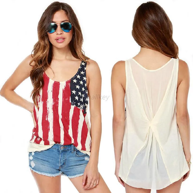 New American Flag Printed Chiffon Blouse Women Fashion Patchwork Back Chiffon Sleeveless Tank Tops Tshirt Plus Sizes NW