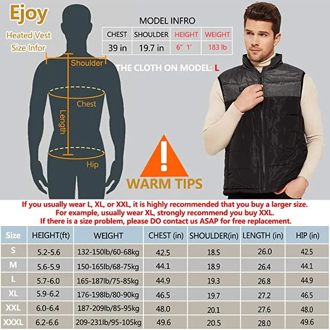 New Unisex Ejoy Heated Vest with 3 Adjustable Temperature USB Rechargeable Winter Thermal Vest, Sz XXL! Fits True!