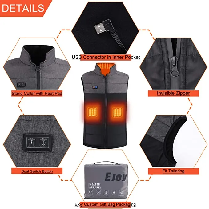 New Unisex Ejoy Heated Vest with 3 Adjustable Temperature USB Rechargeable Winter Thermal Vest, Sz XXL! Fits True!