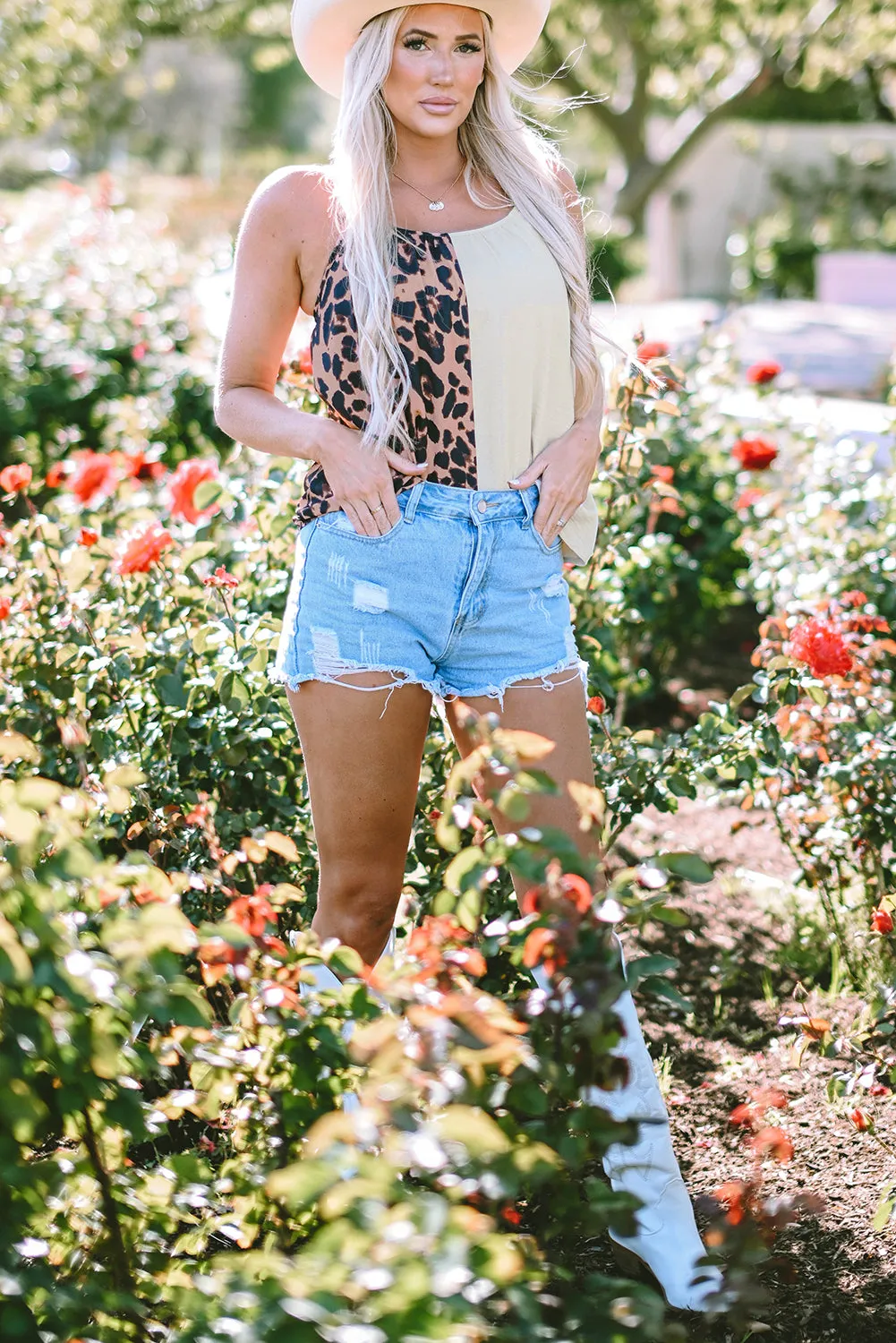 Patchwork Spaghetti Strap Tank Top