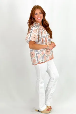 Peach and Grey Floral Ruffle Neckline Short Sleeve Top