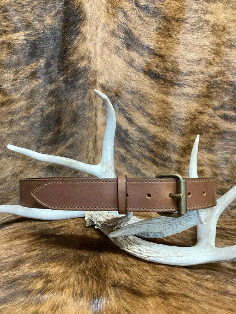 Peanut Water Buffalo Dress Belts - Brown Stitching, Antique Brass Roller Buckle