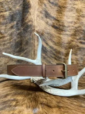 Peanut Water Buffalo Dress Belts - Brown Stitching, Antique Brass Roller Buckle