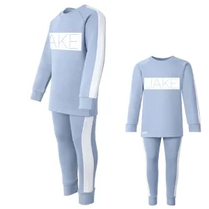 Personalised Dusty Blue Block Striped Tracksuit