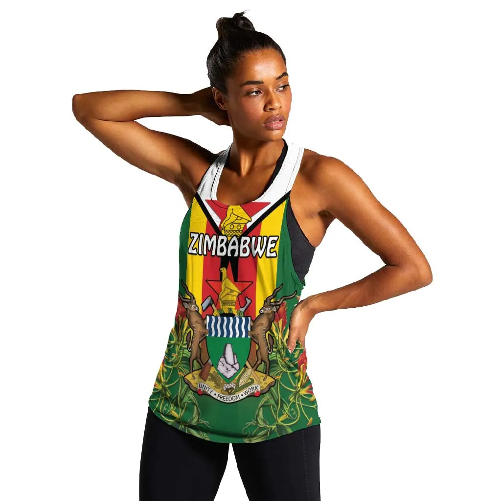 Personalised Zimbabwe Independence Day Women Racerback Tank Coat Of Arms Fire Lilies LT15