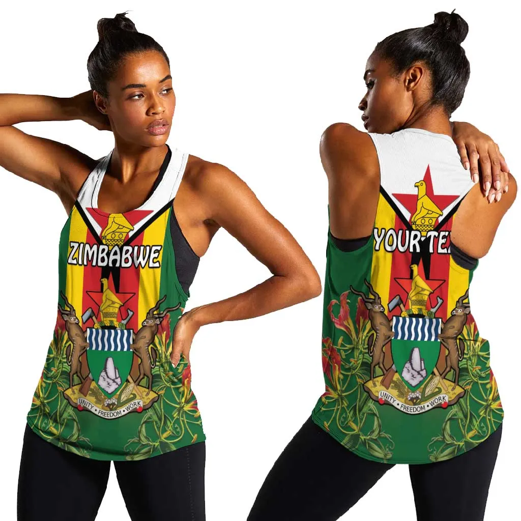 Personalised Zimbabwe Independence Day Women Racerback Tank Coat Of Arms Fire Lilies LT15