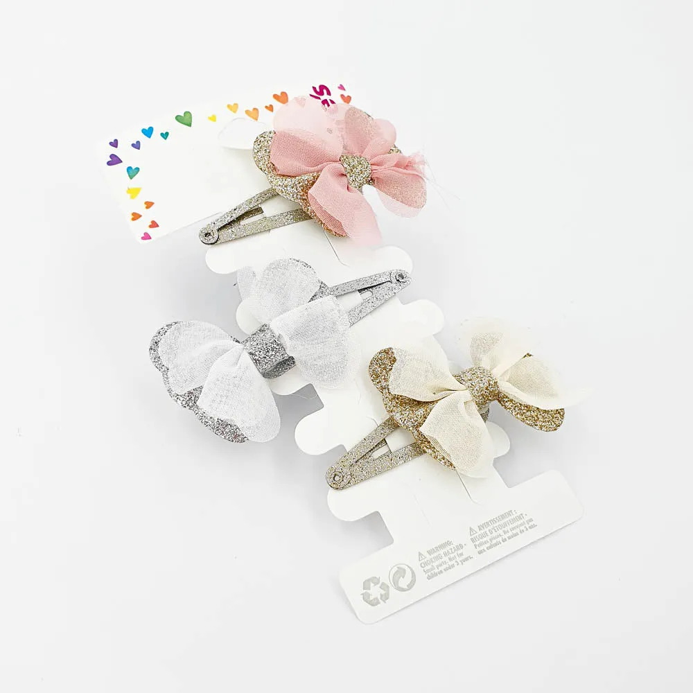 Pink Gold White Clips & Grips Chiffon Bow - 3 Pieces