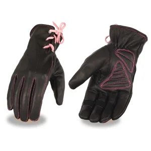 Pink MG7772 Women's 'Laced Wrist' Black and Fuchsia Leather Riding Gloves with Gel Palms