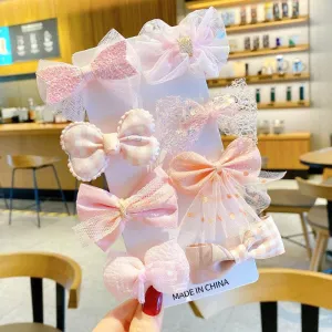 Pink Netting Bow Hair Pin (Set of 8)