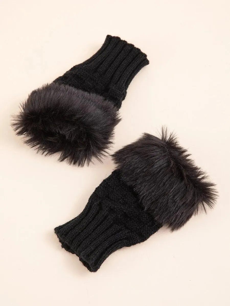 Plain Knitted Fingerless Gloves - Black- FD ⚡