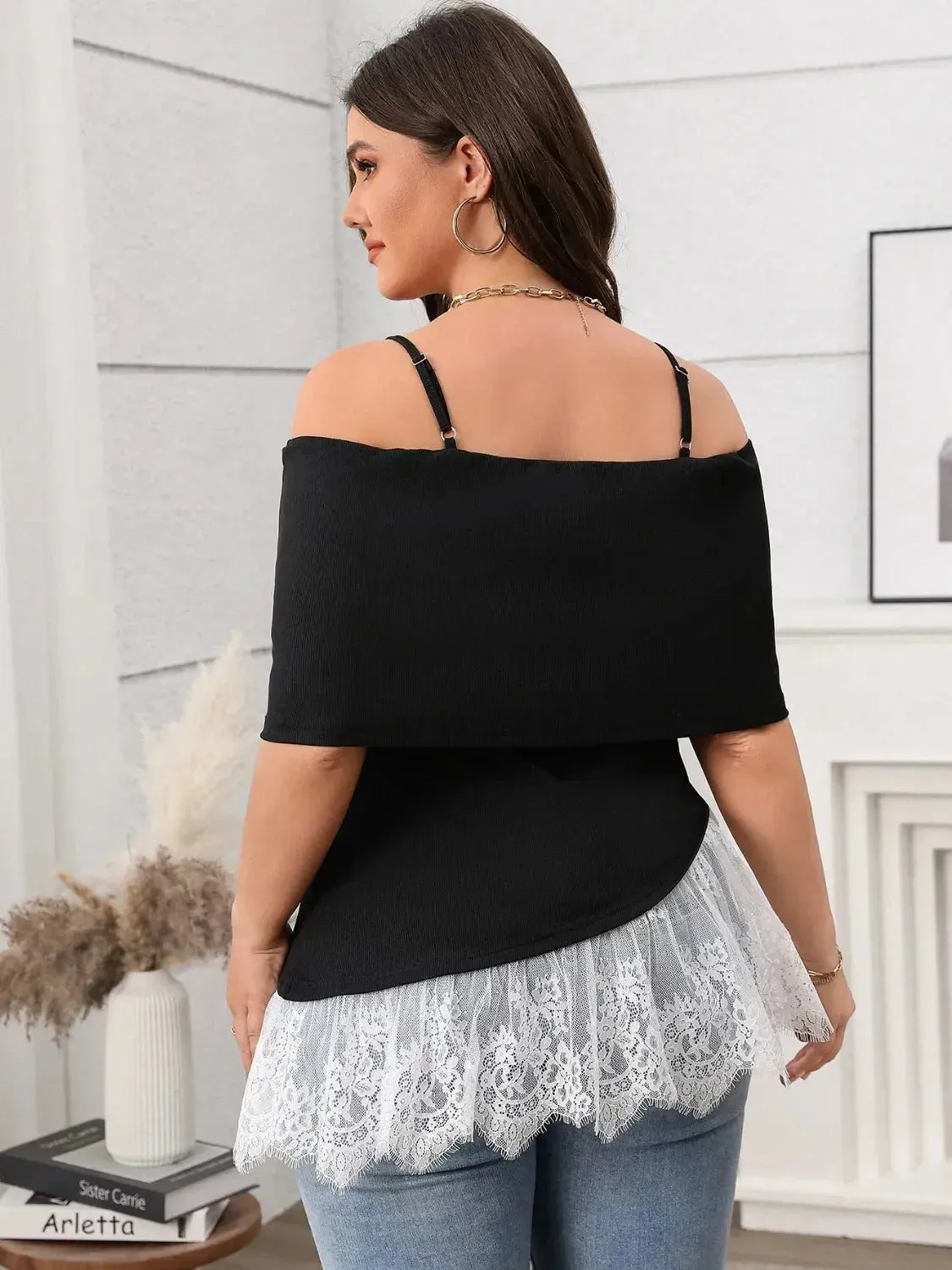 Plus Size Lace Detail Spaghetti Strap Short Sleeve Top