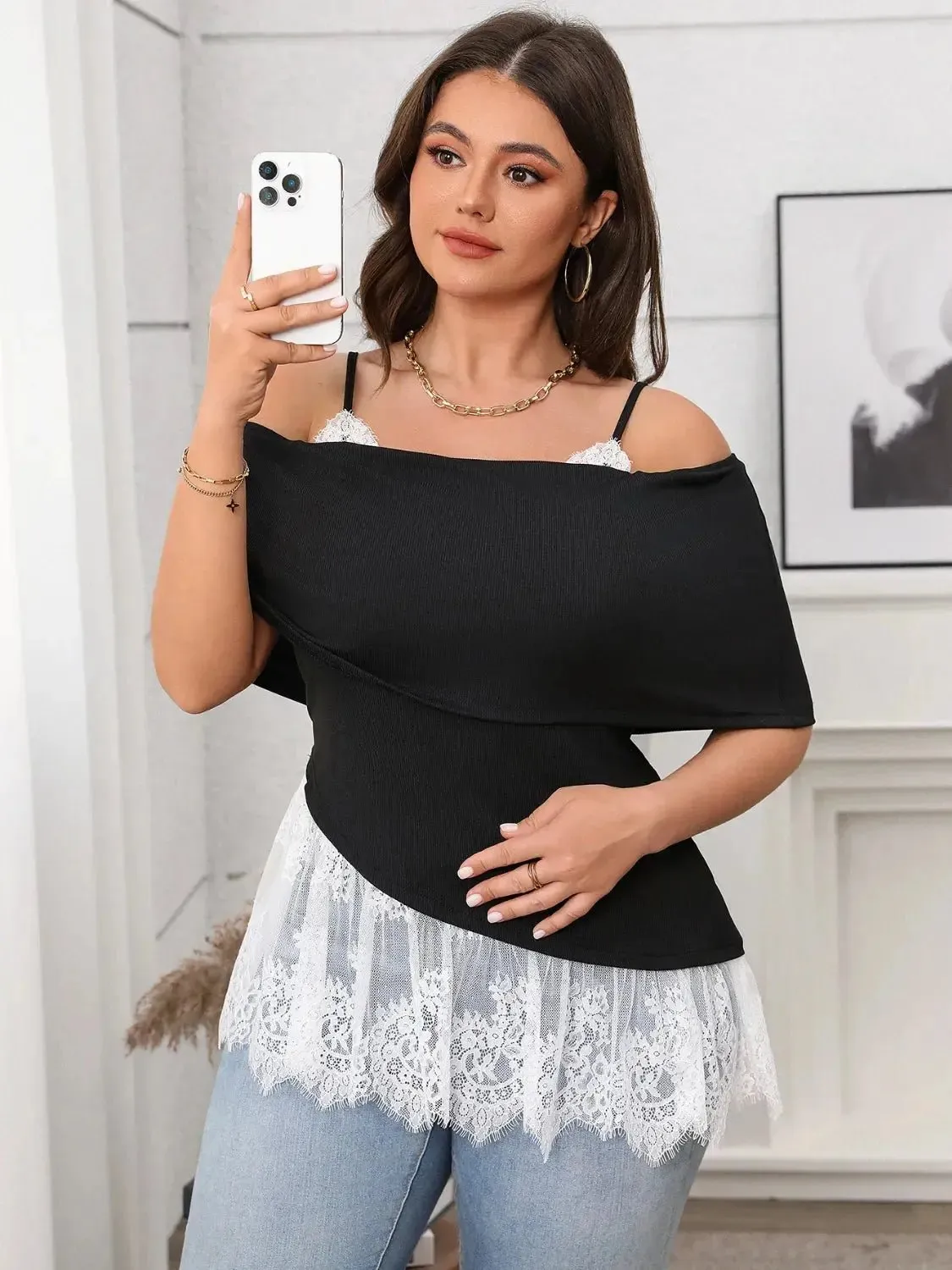 Plus Size Lace Detail Spaghetti Strap Short Sleeve Top
