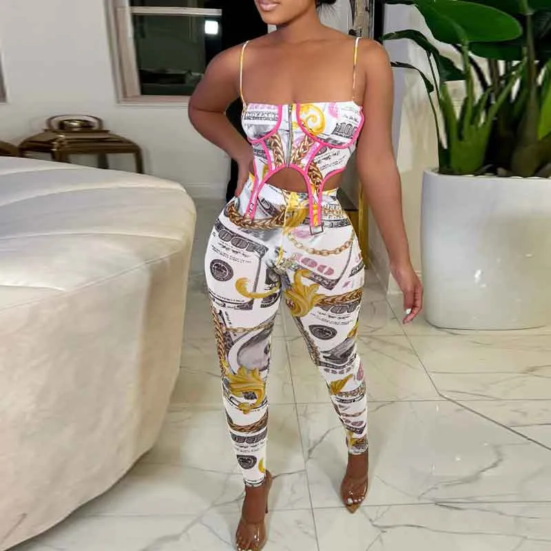 Print Spaghetti Strap Tube Top & Pants Set