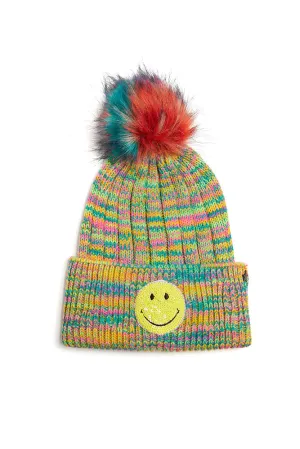 Psychedelic Smiley Knit Hat with Faux Pom Bright Multi
