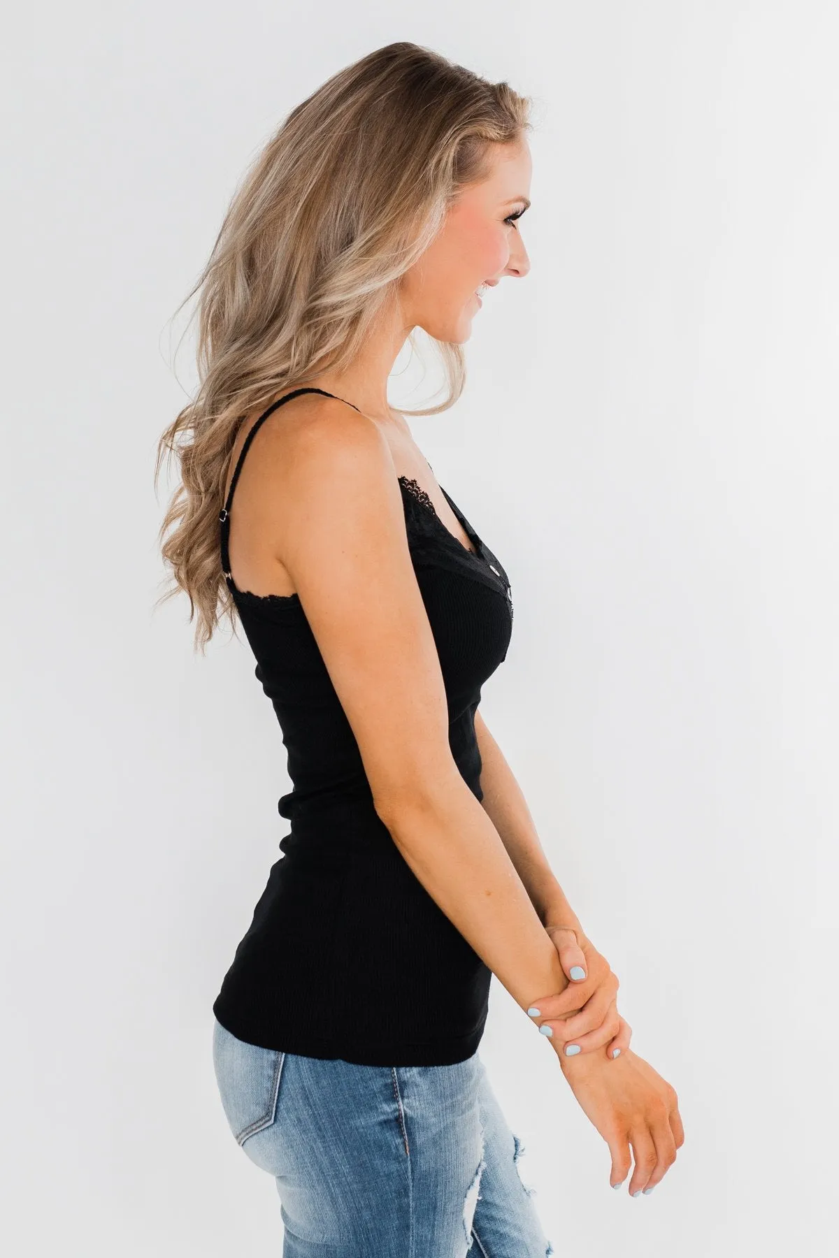 Pulse Basics Lace Trim Button Tank- Black