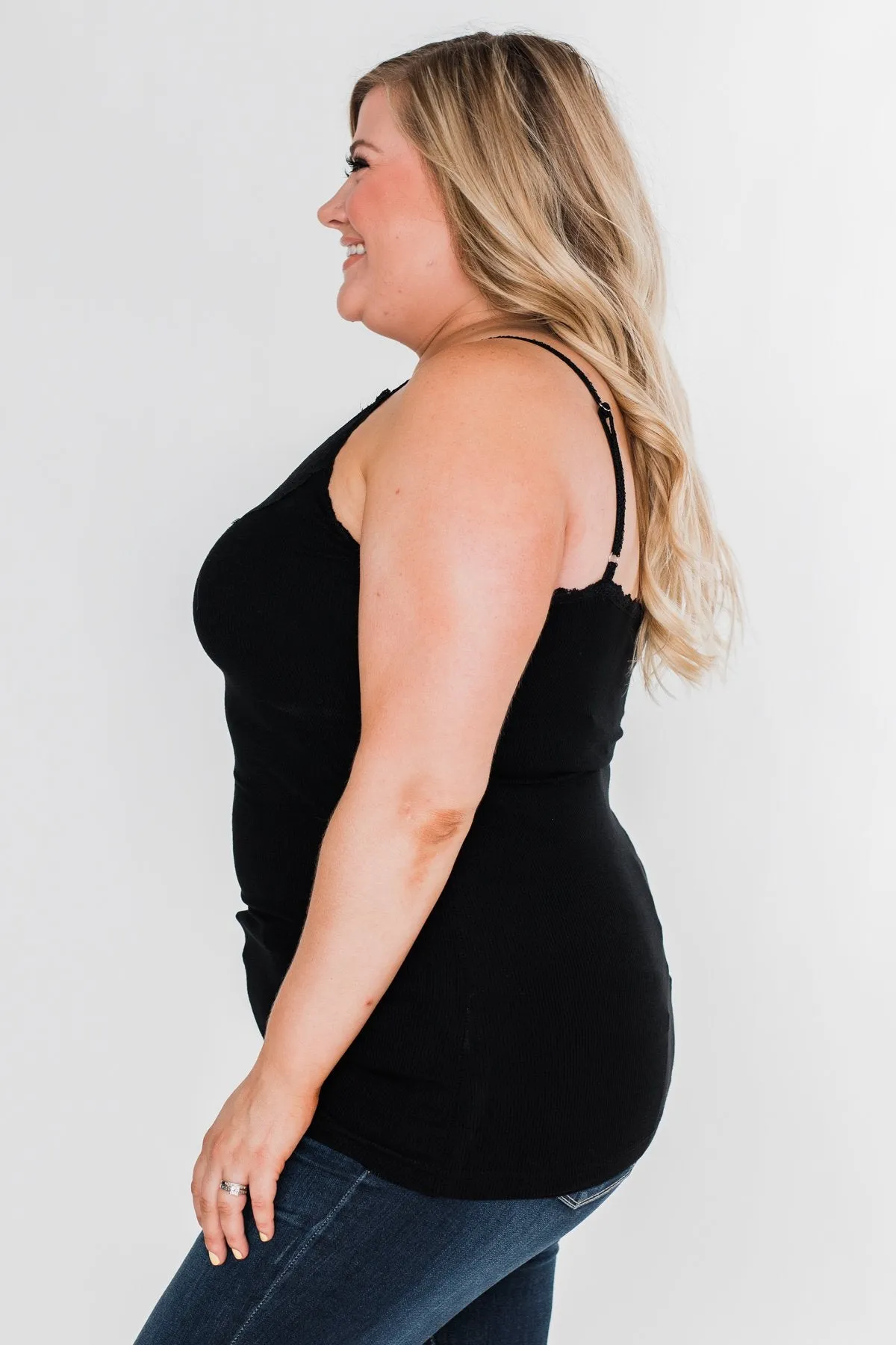 Pulse Basics Lace Trim Button Tank- Black