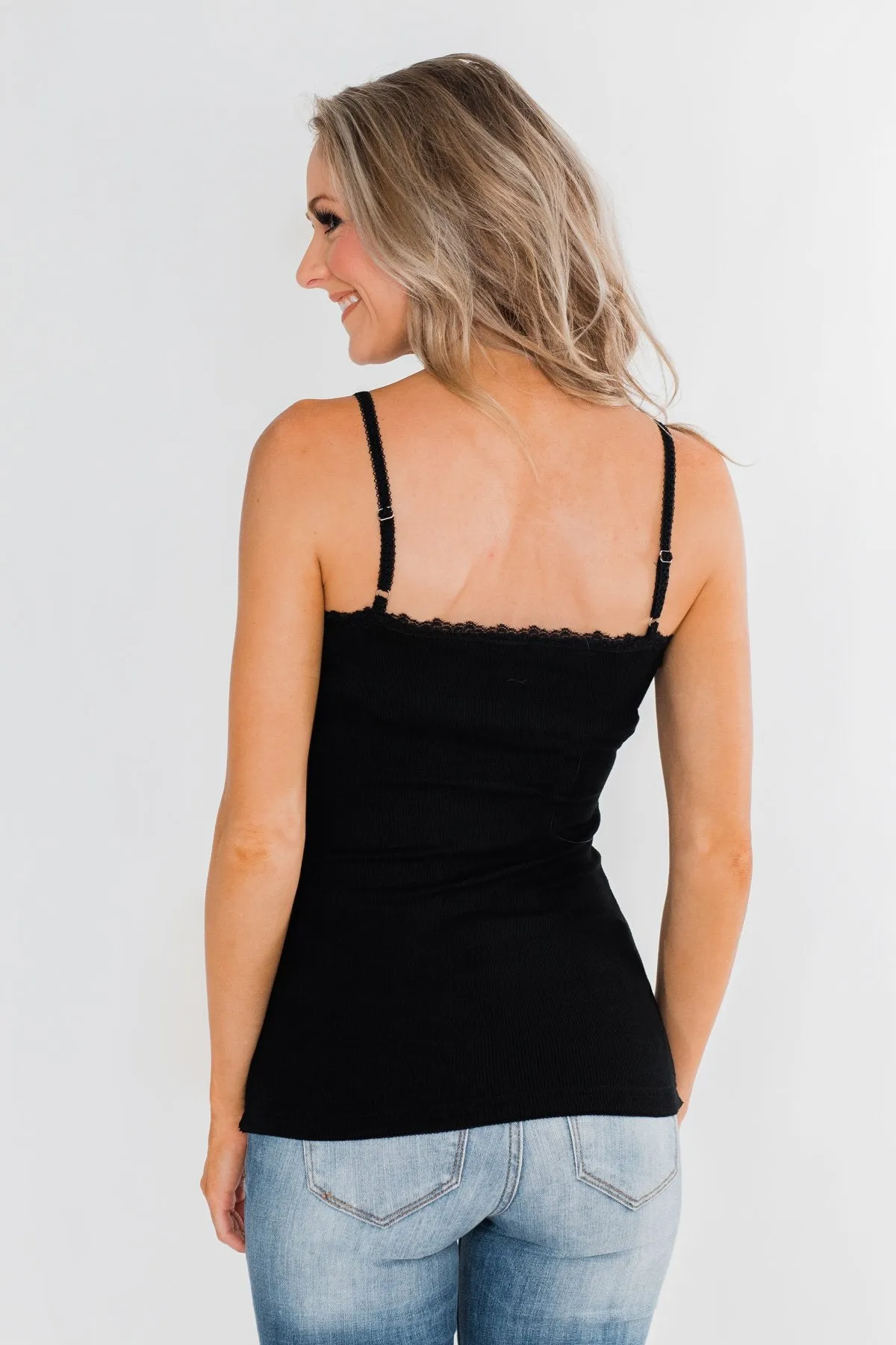 Pulse Basics Lace Trim Button Tank- Black