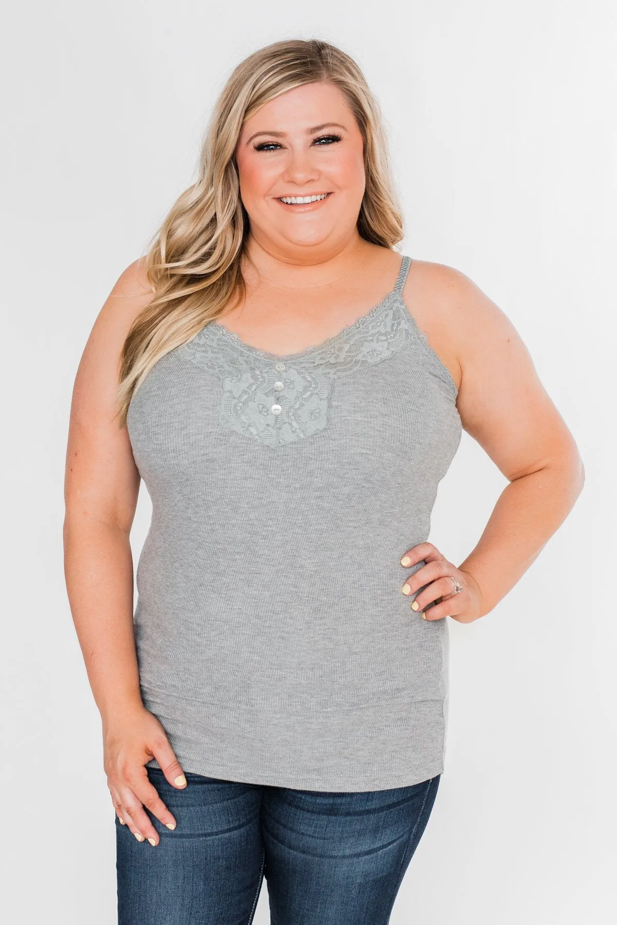 Pulse Basics Lace Trim Button Tank- Grey