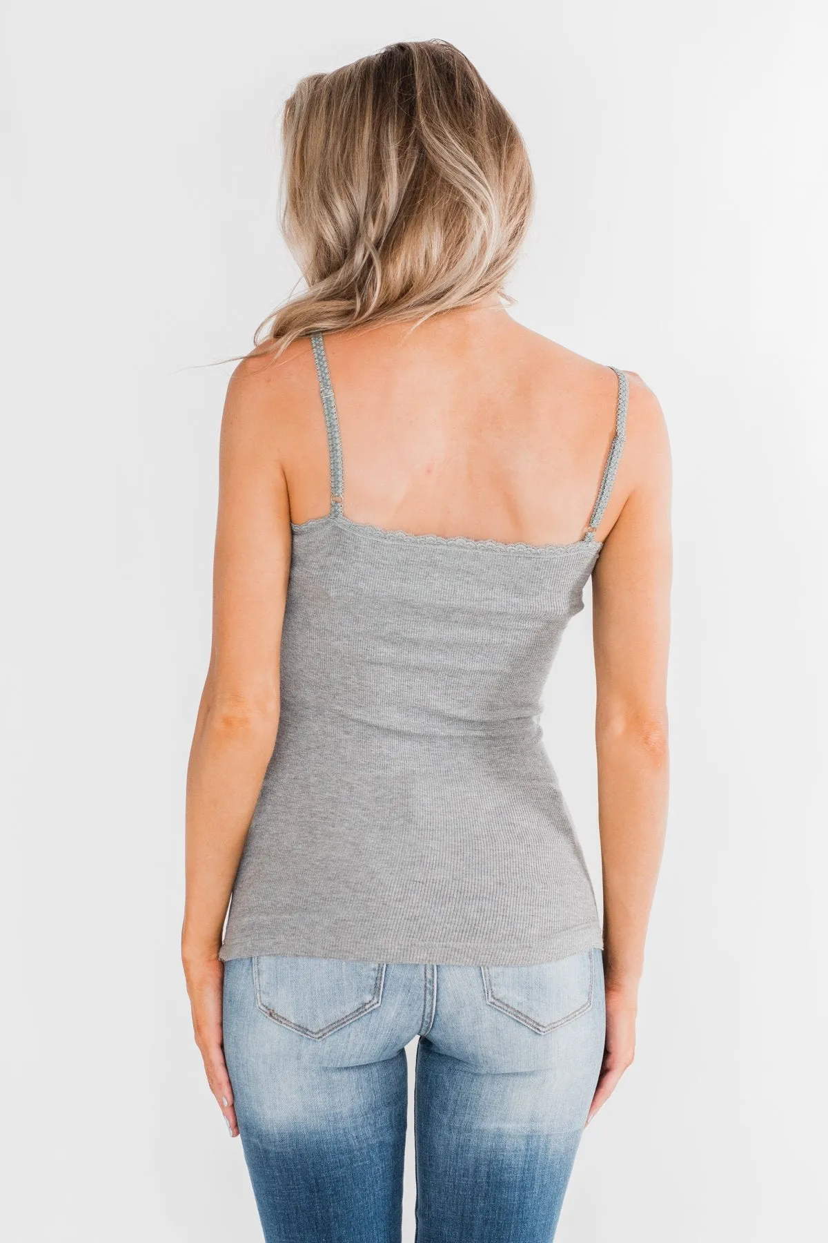 Pulse Basics Lace Trim Button Tank- Grey