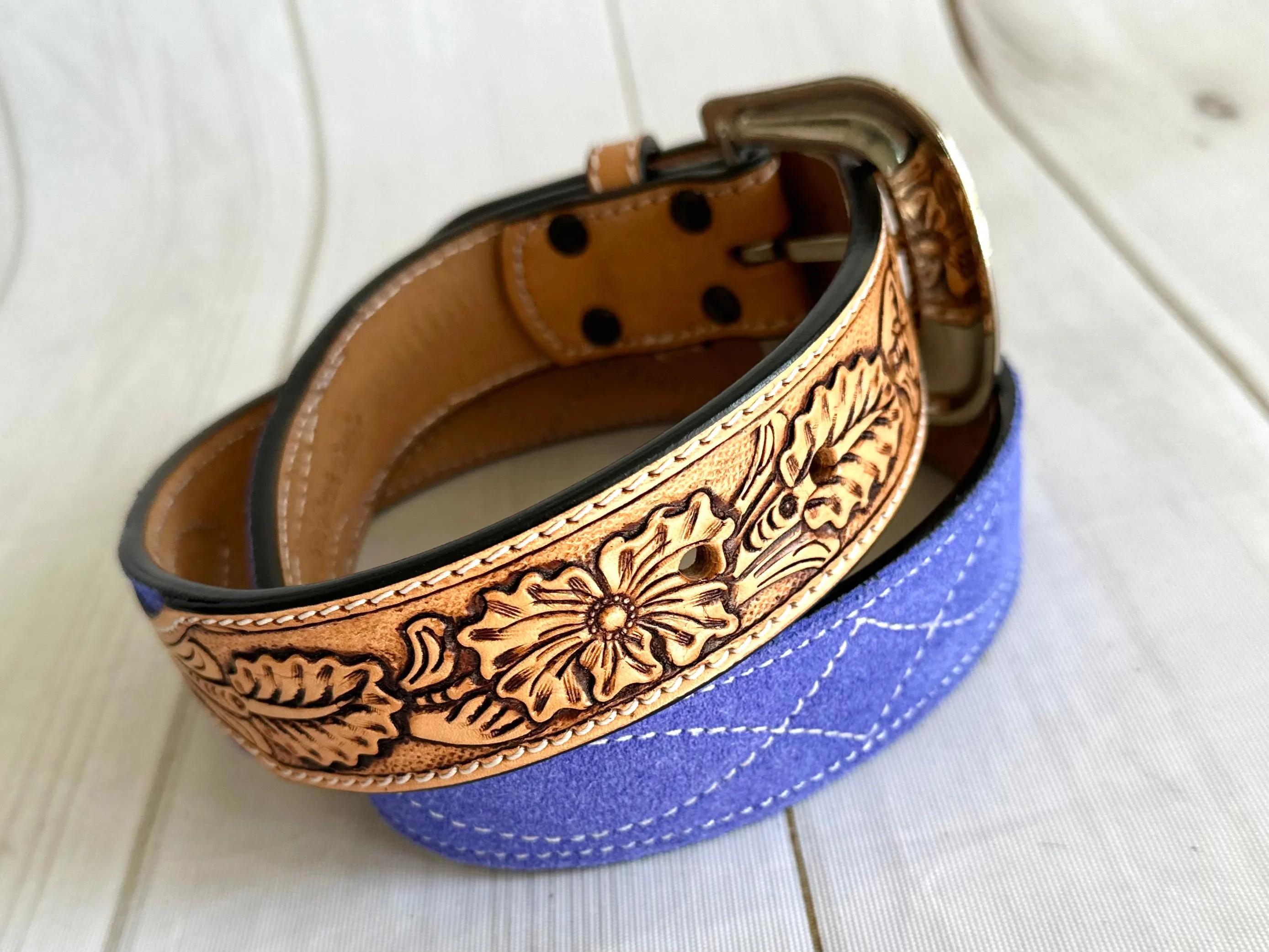Purple Blue Suede and Leather Tooled Western Belt