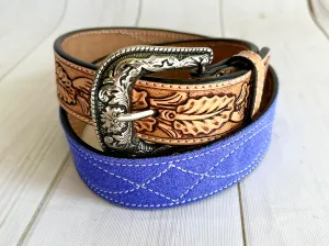 Purple Blue Suede and Leather Tooled Western Belt